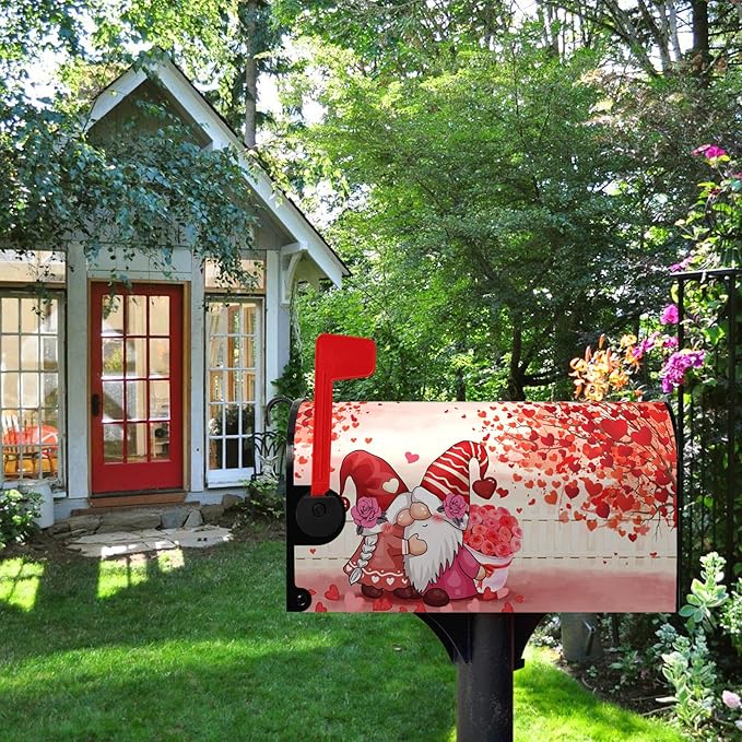 Valentines Gnomes Kiss Mailbox Cover Standard Size 21 X 18 Love Hearts Rose Magnetic Mailbox Covers Red Letter Box Cover Wraps for Garden Yard