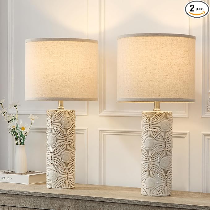 25.25" Tall White Lamps Set of 2 with Floral Design, Farmhouse White Ceramic Lamps Set of 2 for Bedroom, Living Room, Beige Table Lamps for Nightstands, Console Table