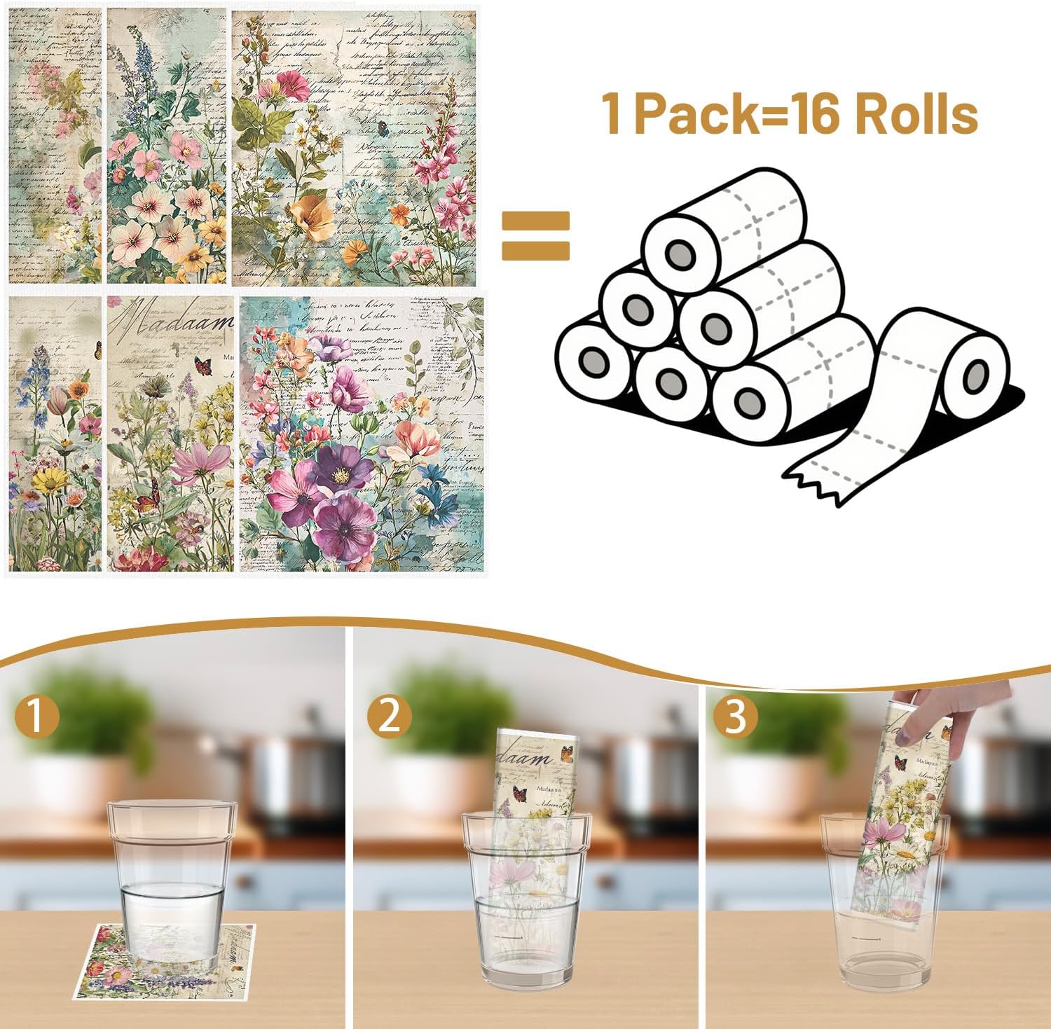 Floral Swedish Dishcloths for Kitchen, 6PCS Vintage Flower Swedish Dish Cloths Gift Set, Reusable Absorbent Cellulose Sponge Dish Towel for Home Cleaning(7.8 X 7 Inches)