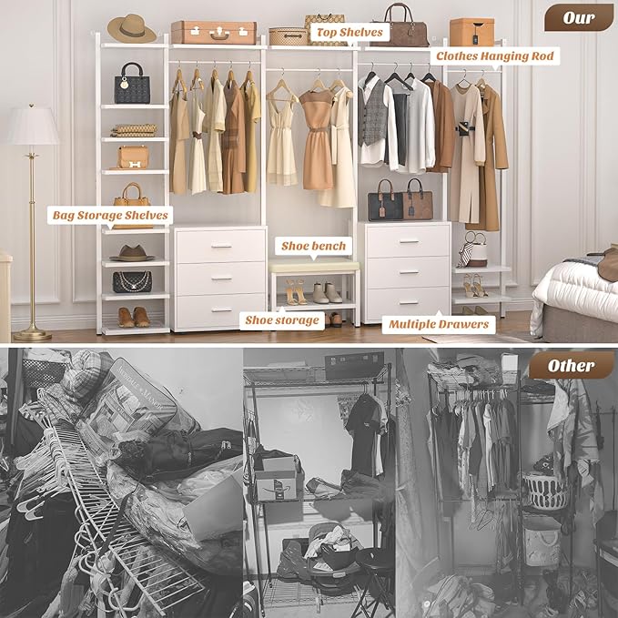 Aheaplus 8FT Closet Organizer with 6-Drawers, 96'' Wood Organizer with Storage, Clothing Rack Wardrobe Closet Garment Rack for Hanging Clothes, Bedroom, White