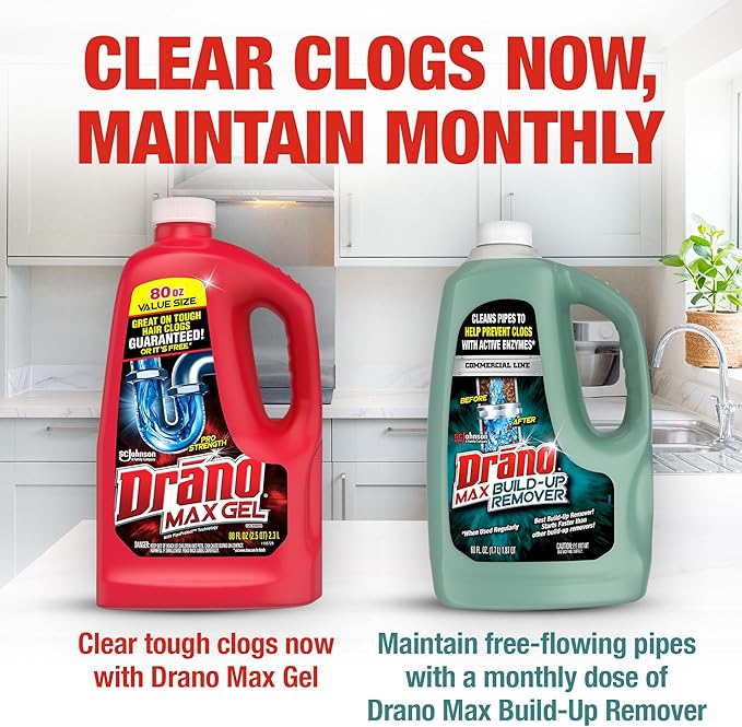 Drano Max Gel Drain Clog Remover and Cleaner for Shower or Sink Drains, Unclogs and Removes Hair, Soap Scum and Blockages, 80 Oz, Pack of 2