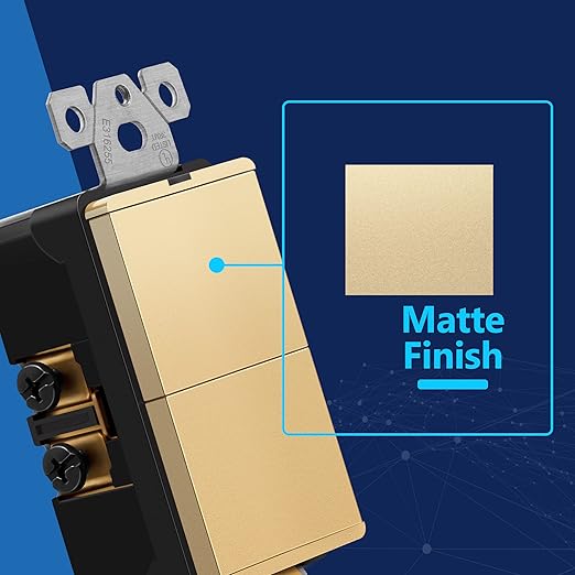 LIDER Minimalist Design Matte Finish Lighted Double Switch, Combination Frameless Decorator Switch with Locator Light, Ground Terminal, Single Pole, 15A 120V, UL Listed, LCS2-1P-GD10P, Gold, 10 Pack