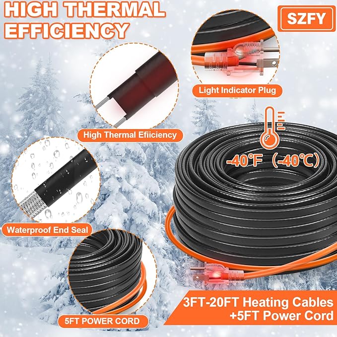 120FT Heat Tape for Water Pipes, -40°F Deicing Cable,Pipe Heating Cables for Roof,Gutter，Farm，Freeze Protetion Heat Trace Cable, Heated Water Hose,Plumbing Fixtures,120V 5W/FT