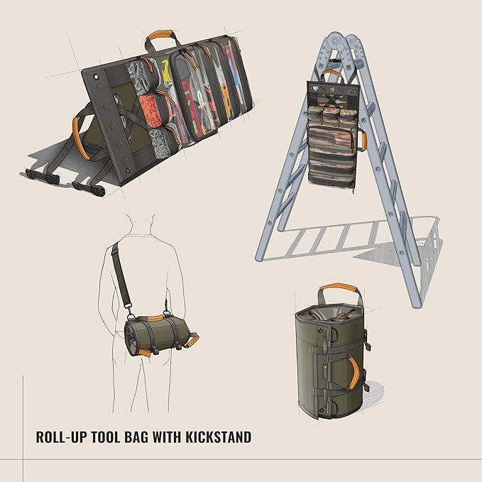 Heavy Duty Roll Up Tool Bag Organizer w/Kickstand for Upright Visibility & Easy Access, 7 Pockets w/Zippers, Multiple Carrying & Hanging Handles, Magnetic & Elastic Organizers, Adjustable Strap