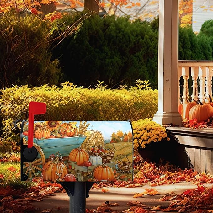 Fall Pumpkins Mailbox Covers Magnetic Standard Size 21 X 18 Inch Autumn Harvest Sunflower Mailbox Wraps Cover Farmhouse Seasonal Letterbox Covers for Garden Yard Outdoor Decor