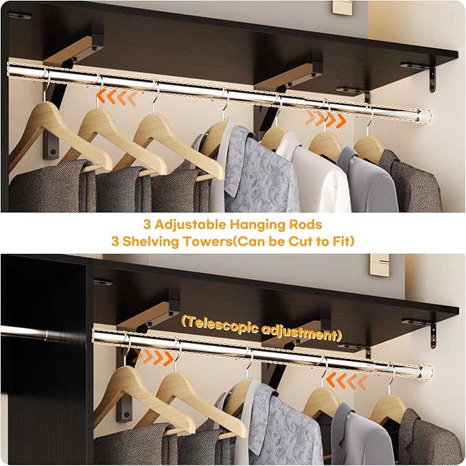 Cyclysio 96 Inch Closet Organizers and Storage, 8 FT Hanging Closet Organizer with 4 Adjustable Rods, Wardrobe Organizers with 3 Shelving Towers for 4-8FT Spaces(Cut-to-Fit), Black