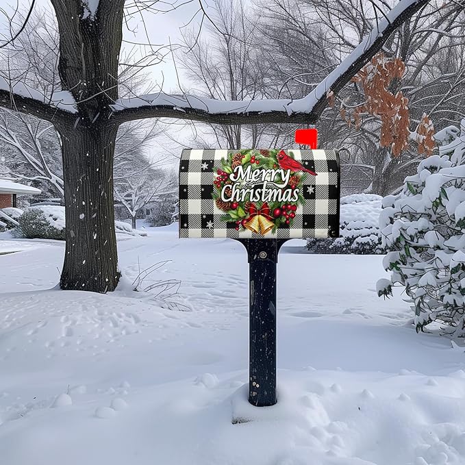 Merry Christmas Mailbox Covers Magnetic Large Size Winter Buffalo Plaid Mailbox Post Cover Oversized Xmas Snowflake Mailbox Wraps Holiday Mailbox Decor Waterproof 25.5 X 21 Inch