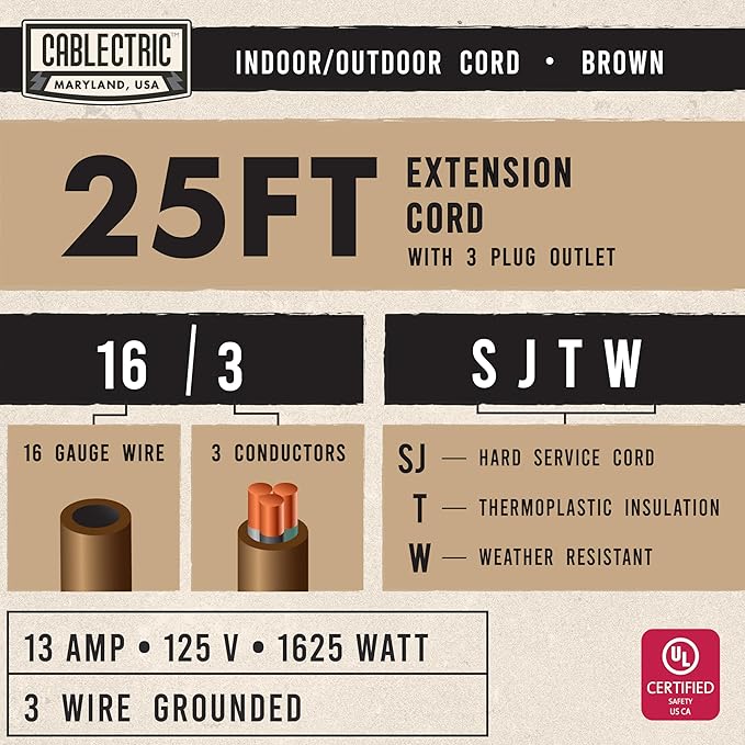 25 Ft Brown Extension Cord with 3 Electrical Power Outlet - 16/3 SJTW Heavy Duty Cable with 3 Prong Plug for Safety, 13 AMP for Heavy Appliances, Garden, Lawn, Lightning Decoration