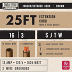25 Ft Brown Extension Cord with 3 Electrical Power Outlet - 16/3 SJTW Heavy Duty Cable with 3 Prong Plug for Safety, 13 AMP for Heavy Appliances, Garden, Lawn, Lightning Decoration