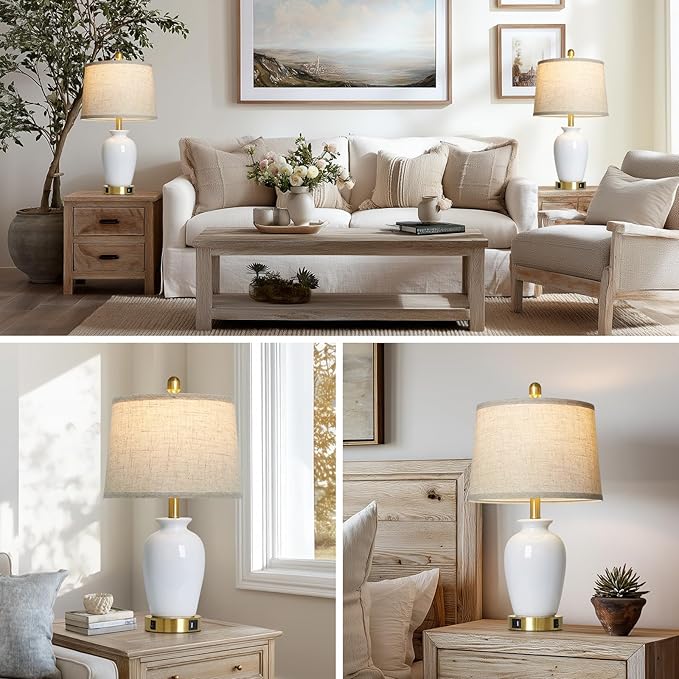 23" Set of 2 White Ceramic Table Lamp with Ginger Jar Design, Bedside USB Lamps for Living Room,Dining Room,Bedroom,Office,Nightstand,End Table