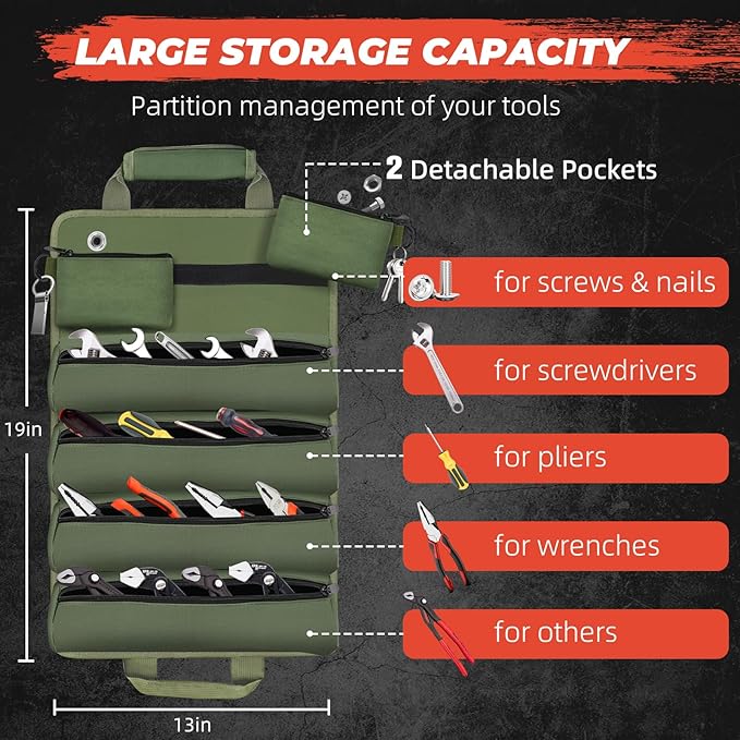 Roll Up Tool Bag, Gifts for Men Dad Husband Him Christmas, Mens Stocking Stuffers, Portable Tools Storage for Men, Heavy Duty Tool Organizer W/Detachable Pouches for Electrician Mechanic Carpenter