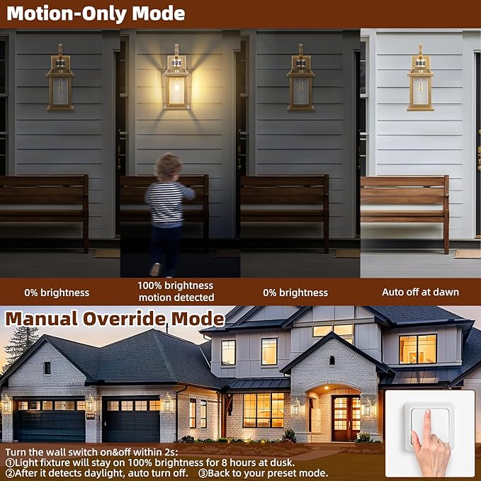 Gold Motion Sensor Outdoor Light Fixtures Dusk to Dawn 2-Pack, 16 Inch Aluminum Anti-Rust Large Brass Outdoor Sconces Wall Mounted Lamps Photocell Outside Lights for House Front Porch