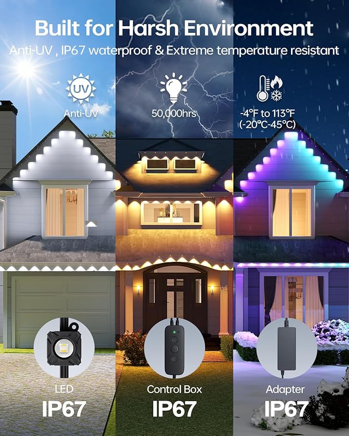 ASAHOM Permanent Outdoor Light Pro S108B, 100FT with 72 RGBCW 70lm LED, WLED Integration, AI Lighting, 30000 Lighting Effect Combination, IP67 Waterproof for Halloween Christmas and Daily Decor, Black