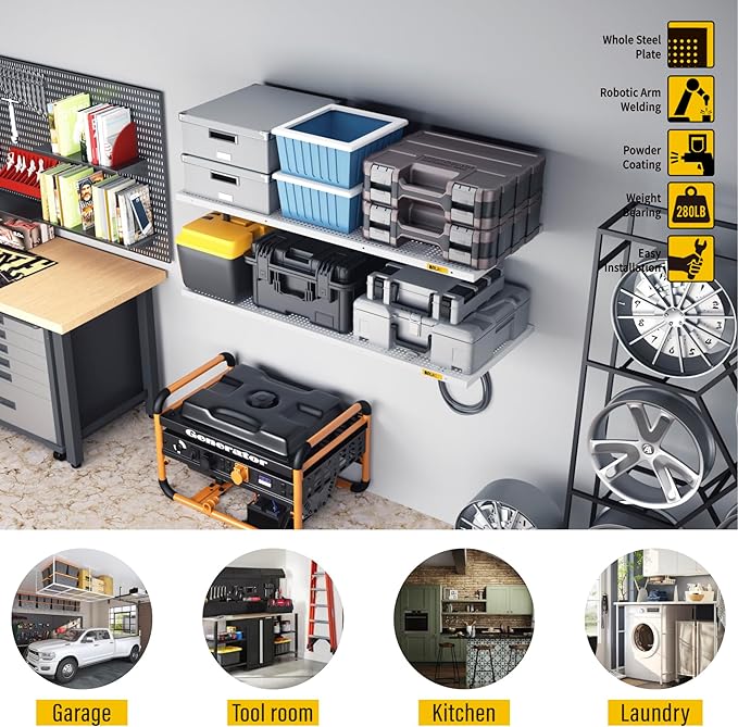 2Pack 1.64x4ft Adjustable Metal Garage Wall Shelving Heavy Duty Garage Storage Shelf Wall Mounted White