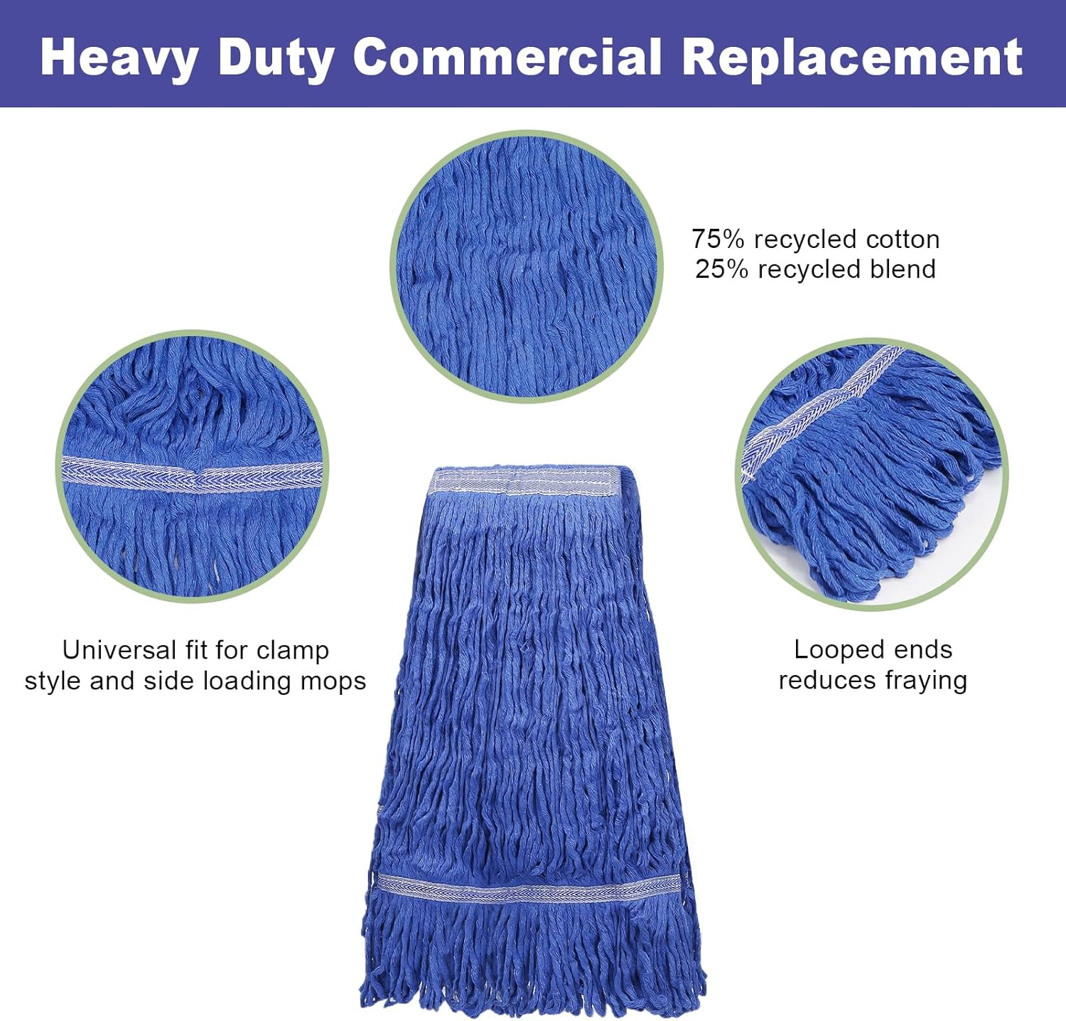 3 Pack Heavy Mop Replacement Head,Commercial Industrial Grade Blue Cotton Ring Heads,Cotton Looped End String Cleaning Mop Refills, Applied to Mop of Clamping Side-Loading Handles
