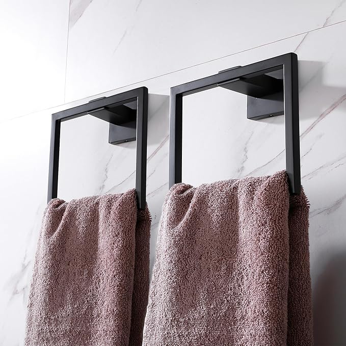 LANC Hand Towel Rings for Bathroom Wall Mount Matte Black Square Hand Towel Holder Command Towel Hanger for Bathroom Lavatory Towel Holder Stainless Steel Modern Towel Rack Hanger 2 Pack, A8896MB-P2