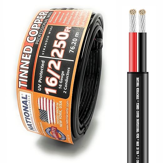 National Wire&Cable - 16/2 Tinned Copper Professional Wire (250 Feet) 16 AWG Gauge Stranded PVC Cord - 2 Conductor Electrical Wire - Made in USA - CL Rated/ETL Listed - LED Light, Low Voltage Cable