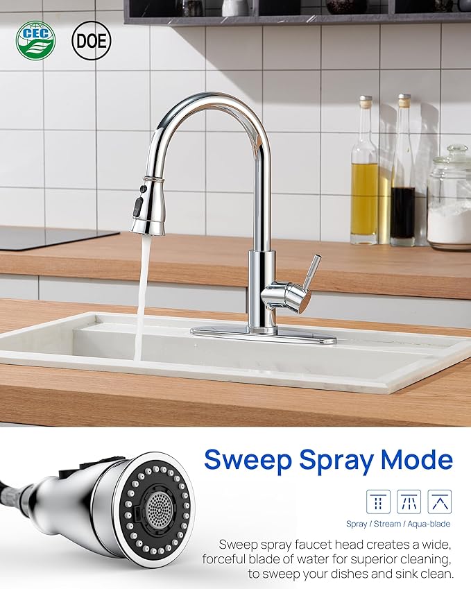 Kitchen Faucet Head Replacement, Pull Down Faucet Spray Head, 3 Function Faucet Tap Spout Sprayer Nozzle for Kitchen Faucet with 11 Adapters, Chrome