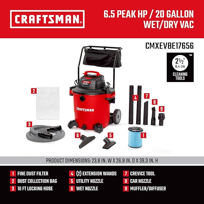 CRAFTSMAN CMXEVBE17656 20 Gallon 6.5 Peak HP Wet/Dry Shop Vac with Cart, Heavy-Duty Shop Vacuum Wet and Dry with Fine Dust Filter, Dust Bag, Hose and Attachments for Shop, Garage, Jobsite Cleaning