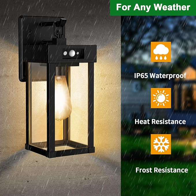 Auzev Outdoor Solar Wall Lights Fixtures Exterior Solar Lantern Lights With Clear Panel, Motion Sensor 3Lighting Modes Modern Sconce Waterproof Outside Lamp for House Garage (Black-1P)