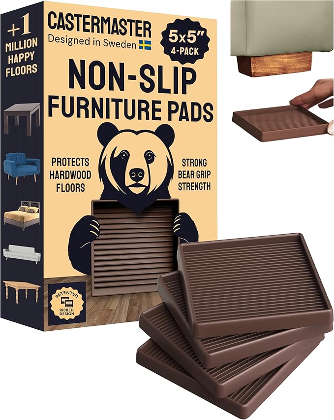 CasterMaster Square Rubber Furniture Pads - 4-Pack, Brown, 5in x 5in - Non Slip Furniture Pads for Hardwood Floors - Floor Protectors for Chairs & Rubber Feet - Stoppers to Prevent Sliding