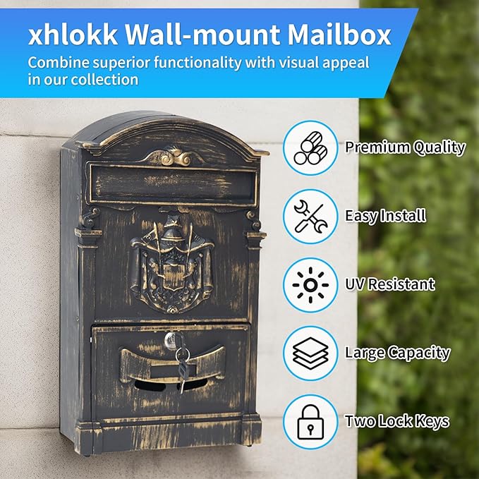 Vintage Wall Mount Mailboxes for House, Rust-Resistant Locking Mailbox with Key Locks, Galvanized Steel Outdoor Mailboxes, Bronze