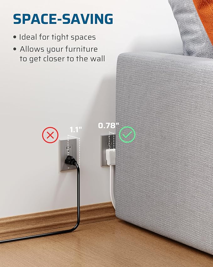 DEWENWILS 15FT Flat Plug Extension Cord, 3 Prong Ultra Thin Power Strip, 13A/125V/1625W, 16/3 Awg Grounded Flat Power Cable for Indoor Narrow Space, SPT-3 Cord, ETL Listed, White