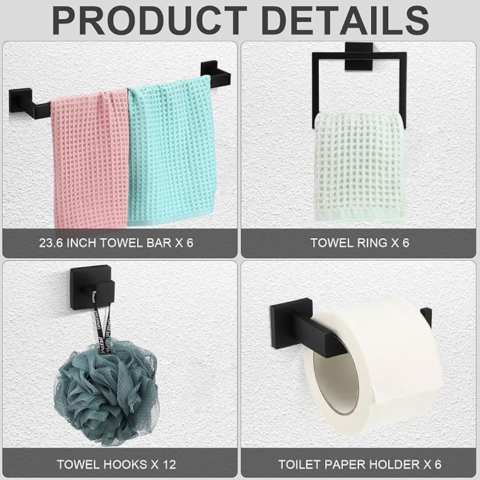 Gisafai 30 Pcs Bathroom Hardware Accessories Set 23.6 Inch Bath Towel Bar Kit Stainless Steel Bathroom Hardware Set Towel Racks Ring Hooks Paper Holder for Wall Mounted (Black)