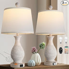 PARTPHONER Traditional Table Lamps Set of 2, Bedside Touch Lamp with USB C+A Charging Ports, Rustic Farmhouse Table Lamps for Living Room Bedroom, Side Table Lamp with White Fabric Shade, Antique Grey
