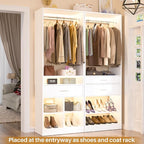 Unikito 50” W x 80'' H Closet Organizer Storage System with 2 Hanging Rod and 2 Wooden Drawers, Adjustable Shoes Rack, 4 Cubby Storage, Walk-in Closet Tower for Bedroom, Mudroom, and Entryway, White