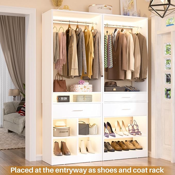 Unikito 50” W x 80'' H Closet Organizer Storage System with 2 Hanging Rod and 2 Wooden Drawers, Adjustable Shoes Rack, 4 Cubby Storage, Walk-in Closet Tower for Bedroom, Mudroom, and Entryway, White