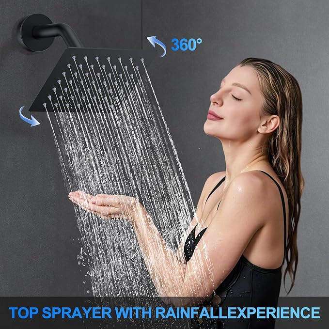 Shower Faucet Set, 12" Ceiling Mount Rainfall Shower System with 2 Rain Shower Head and Multi-function Handheld Head Push Button Diverter Shower Faucet Trim Kit (12", Matte Black)