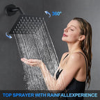 Shower Faucet Set, 12" Ceiling Mount Rainfall Shower System with 2 Rain Shower Head and Multi-function Handheld Head Push Button Diverter Shower Faucet Trim Kit (12", Matte Black)