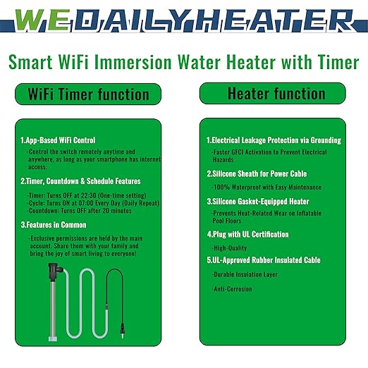 3500W 240V Fully Submersible Water Heater for Hot Tub & Inflatable Pool – Portable Immersion Electric Heater with Auto Shut Off & Wifi Timer for Bathtub, Above Ground Pool and Baptistry