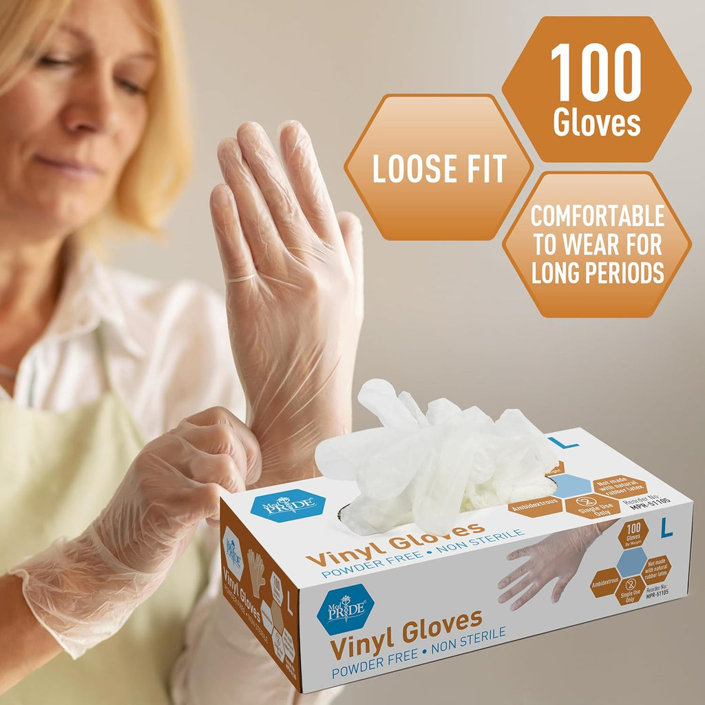 Med PRIDE Vinyl Gloves| 4.3 mil Thick, Powder-Free, Non-Sterile, Heavy Duty Disposable Gloves| Medical, Food Hand