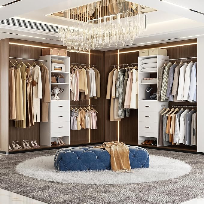 96'' Closet Organizer System with 3 Hanging Rods (Without 3 Storage Shelves), 8FT Closet Systems, Wall Mount Bedroom Wardrobe with 3 Wood Drawers, Adjustable Garment Rack from 5 to 8FT, White