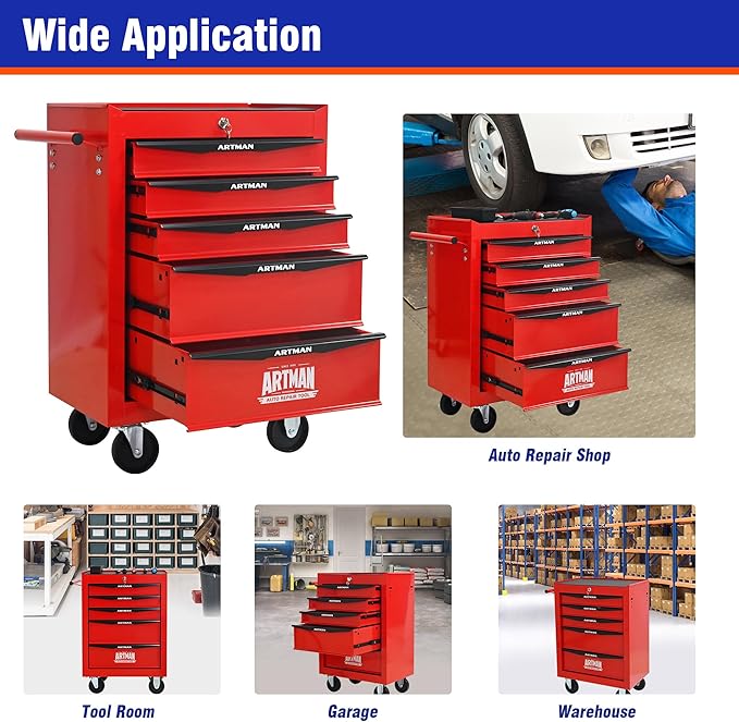 5 Drawers Rolling Tool Box on Wheels, Multifunctional Tool Chest Cabinet with Lock, Drawers Rolling Tool Cart Trolley Organizer Tool Storage Case for Warehouse,Garage,Workshop (Red)