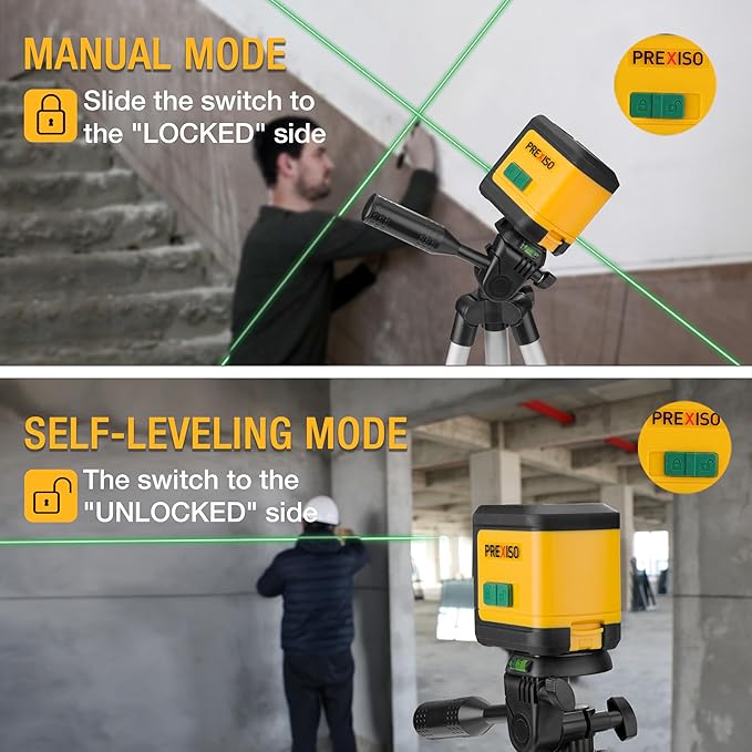 PREXISO Laser Level with Tripod, 100Ft Dual Modules Self Leveling Cross Line Laser Level, Green Line leveler Tool for Floor Tile, Home Renovation, Construction with 31-1/2in Tripod, 2 AA Batteries