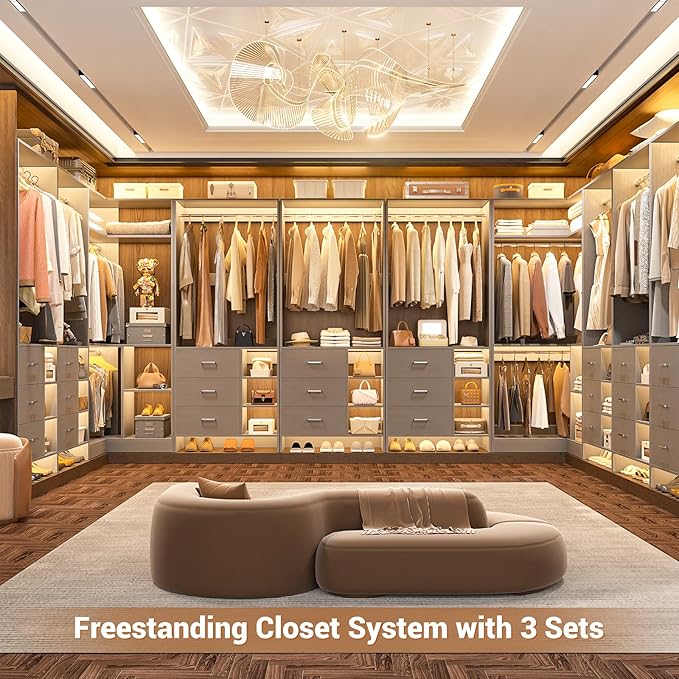 Aheaplus Closet System with 6 Drawers, 4 Hanging Rods & Corner Tower, Corner Closet System with Hanging,92.6" L-Shaped Walk-In Wardrobe Organizer, 2000+ lbs Capacity, Set of 3, Grey