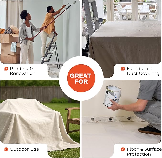 Canvas Drop Cloth 4' x 12' (48 sq.ft.) - Reusable & Eco-Friendly Painters Drop Cloth for Furniture, Surfaces & Floor Protection - 100% Recycled Cotton Canvas Tarp for Home Renovation by IDL Packaging