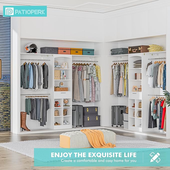 Closet System With Drawer - 8 FT Closet Organizer And Storage, Wood Closet Organizer System with Tower, Walk-in Closet Organizer Wardrobe Clothes Rack with 3 Hanging Rods, Garment Rack