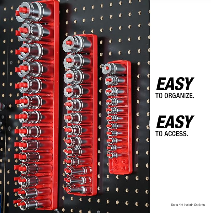 OEMTOOLS 22234 Socket Organizer, 6 Piece Socket Organizers, SAE and Metric, Socket Holders 1/4, 3/8, 1/2 Drive Sockets, Socket Holder for Toolbox, Red and Black