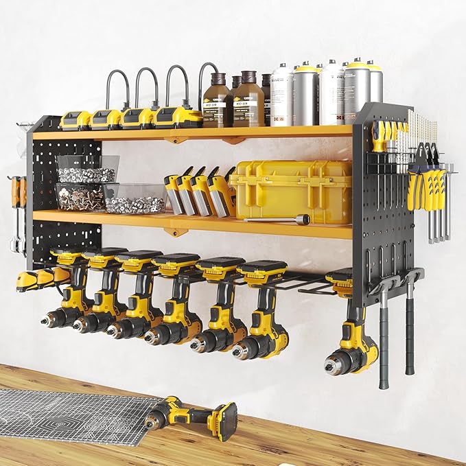 Warome Garage Power Tool Organizer with 8-Outlet Power Strip, Tool Storage Rack Wall Mount with 8 Cordless Drill Holders, Tool Organization Shelf with Charging Station in Yellow