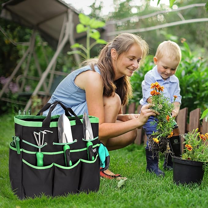 Garden Tool Set with Bag and Gloves, Heavy Duty Stainless Steel Gardening Tool Set, Ideal Gardening for Women and Men, Set of 9