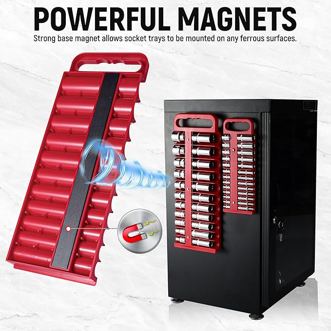 Magnetic Socket Organizer Set, 3-Piece Red Portable Magnetic Socket Holder Tray, Heavy Duty Socket Racks For 1/2-inch& 3/8-inch& 1/4-inch Drive, Hold 76 Sockets - Fit Shallow&Deep Sockets