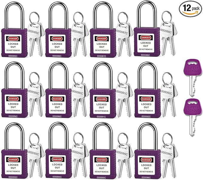 Lockout Tagout Locks with 2 Master Keys｜12-Pack Purple OSHA Loto Lock｜Keyed Different & Laser Coding｜Lock Out Padlock Kits for Machinery & Electrical Panels