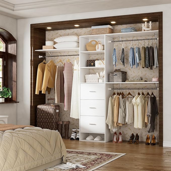 Closet System with Drawers, 8FT Closet Organizer Systems with Expandable Hanging Rods, 96" Wooden Storage Systems with Hanging Pods, Built-in Garment Rack for Bedroom