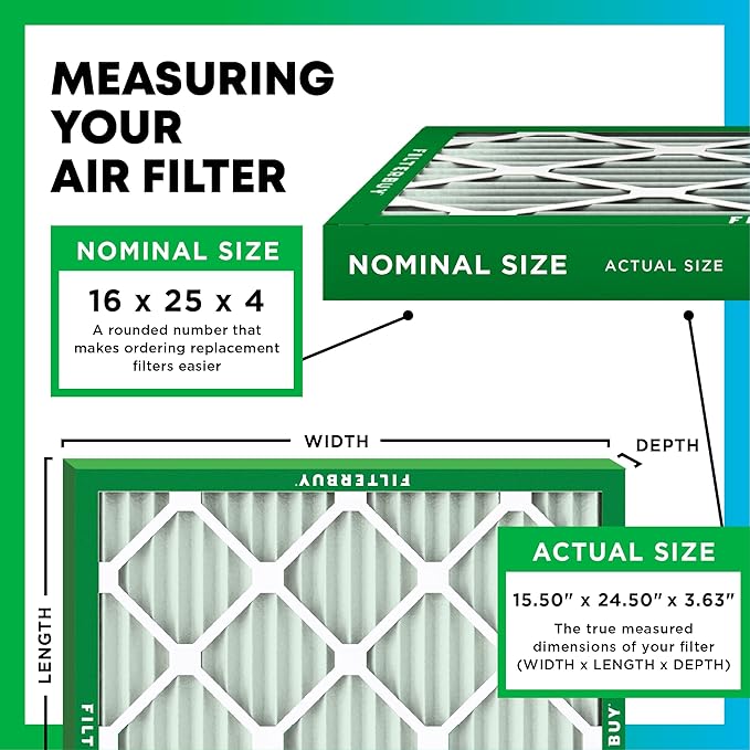 Filterbuy 16x25x4 Air Filter MERV 8 (MPR 700) Dust Defense Replacement (6-Pack), Electrostatic Pleated HVAC AC Furnace Filters, Made in USA (Actual Size: 15.50 x 24.50 x 3.63)