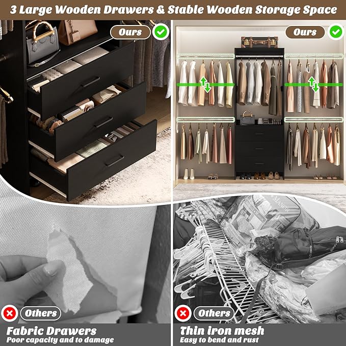 Aheaplus Closet System With 3 Wooden Drawers, Walk-in Wardrobe Organizer, Clothes Rack With 4 Hanging Rods, Garment Rack, -4R, Black