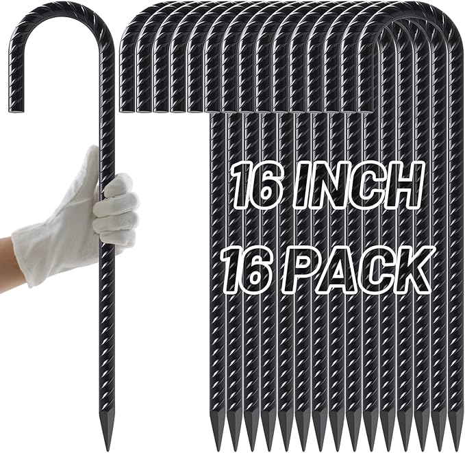 AAGUT Rebar Stakes 16 Inch 16 Pack 1/2" Heavy Duty J Hook Ground Spikes, Tent Stakes Chain Link Fence Metal Steel Anchors for Outdoor Decorations, Inflatables, Trampoline, Canopy, Swing Set
